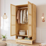 View Soweiz Armario con barra, armario de 2 puertas, dormitorio, red de ratán, sala de estar, con tapa inferior abatible, tableros de partículas+ratán de image 1