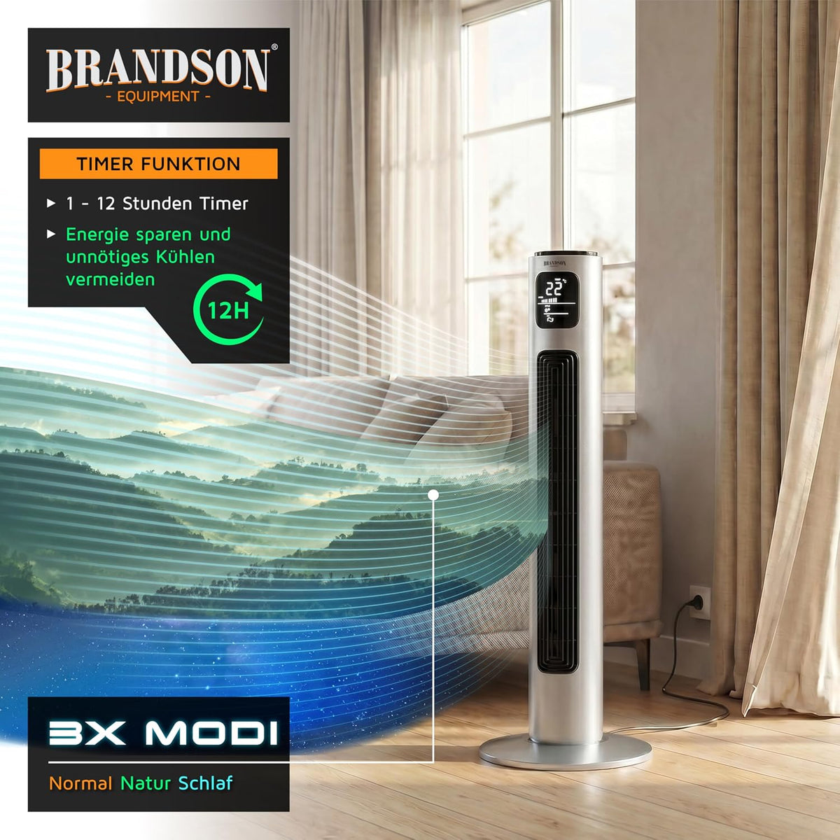 Brandson - Turmventilator mit Fernbedienung 96 cm - Preisträger 2026 - mobiler Lüfter leise - Standventilator Oszilation - 3 Geschwindigkeiten 3 Modi