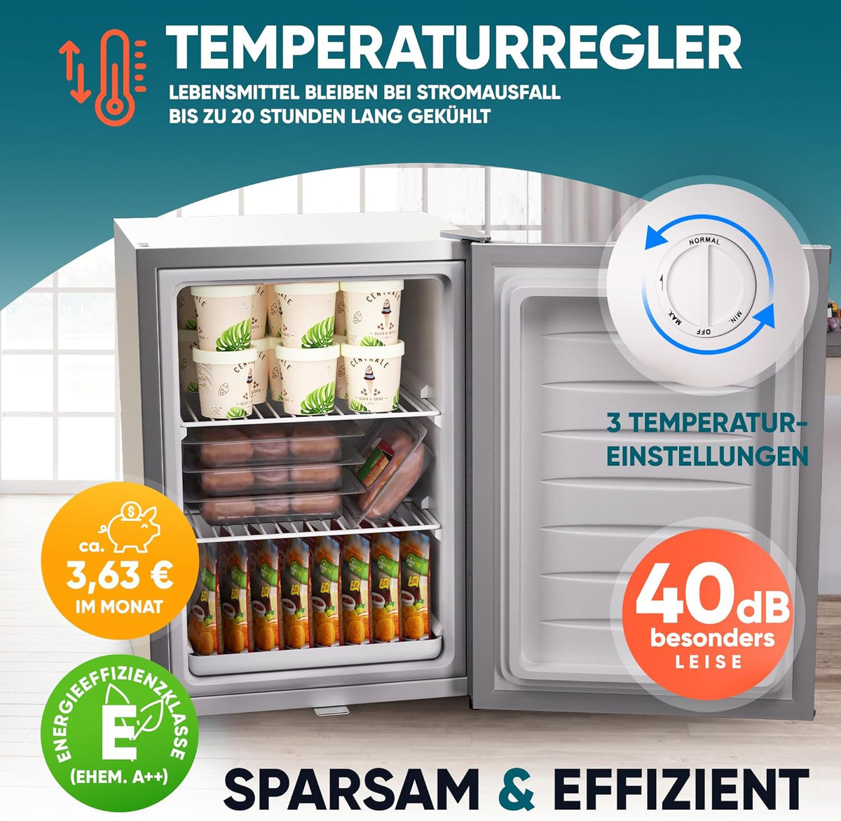 Stillstern Mini Gefrierschrank (42L) -18°C, Eiswürfelschale, Schloss, Türanschlag wechselbar, 4-Sterne Tiefkühlschrank für Camping/Büro Gefriertruhe