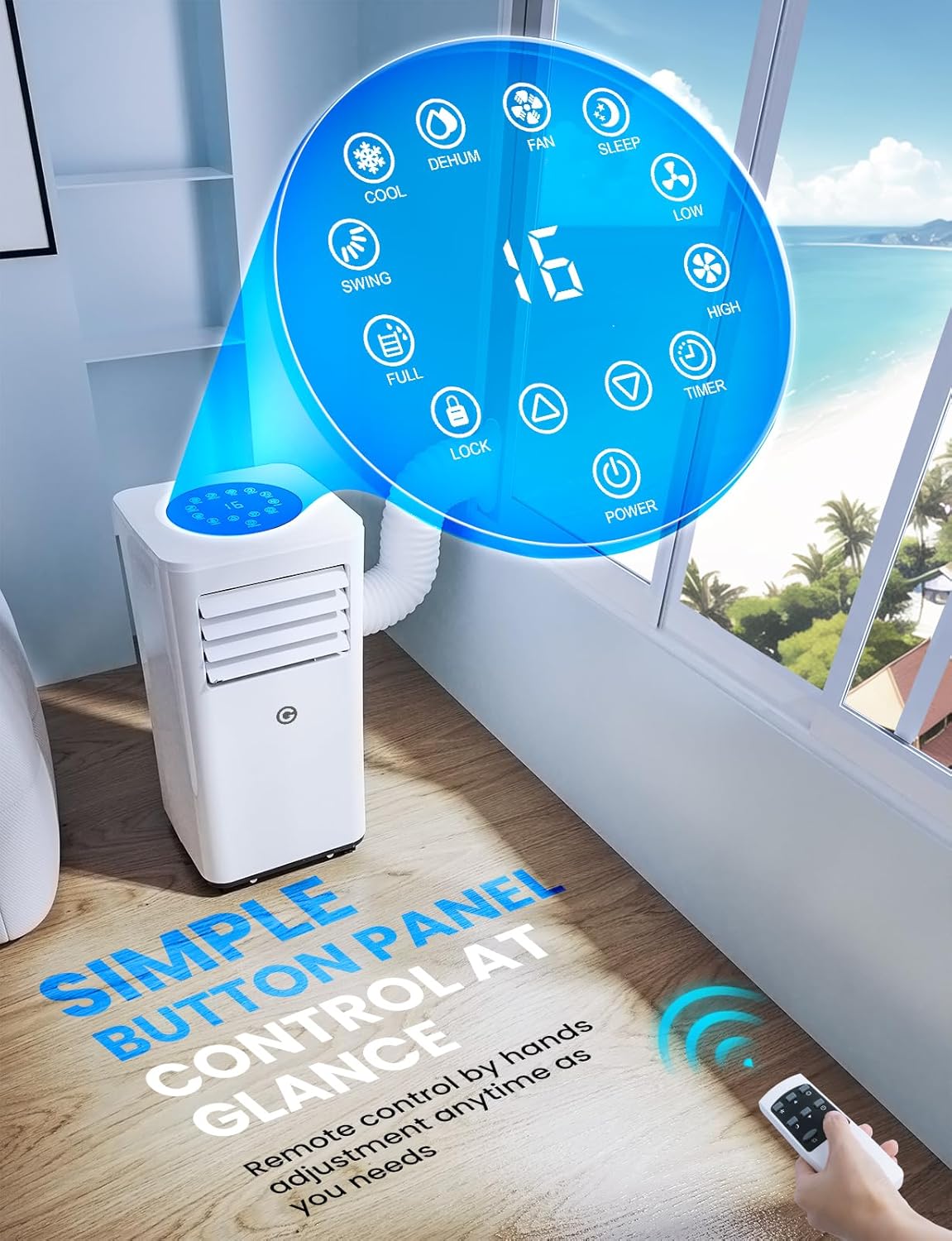 9000 BTU Aire Acondicionado Portátil, 4 en 1: Refrigeración, Ventilador, Deshumidificador y Modo Sueño, Silencioso, con Mando, Temporizador 24h y Kit