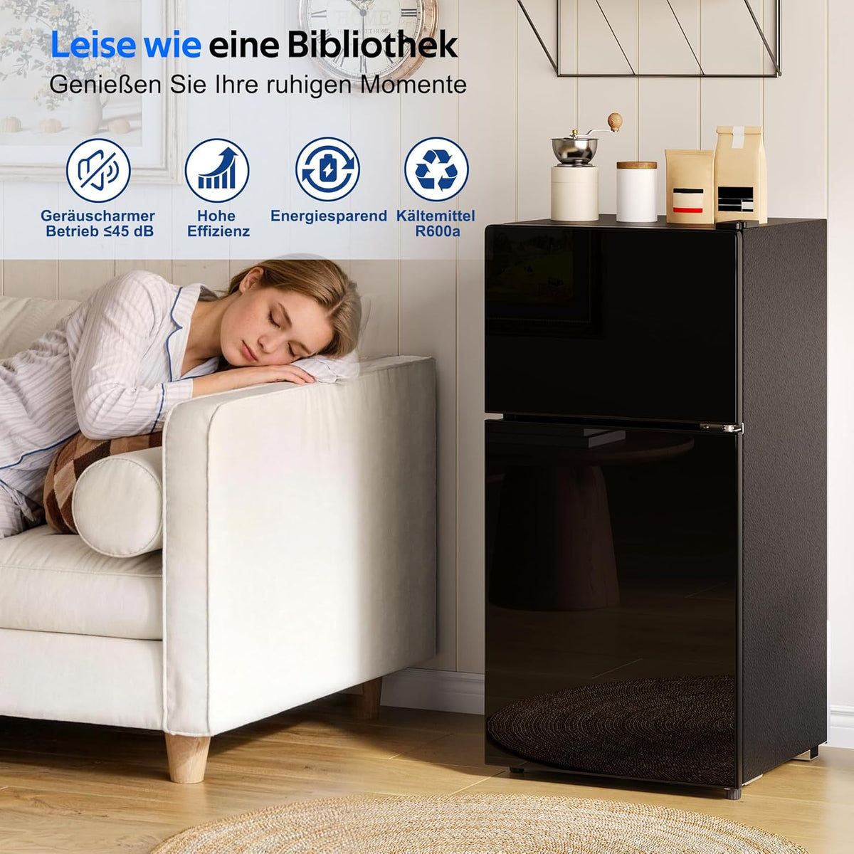 Merax Kühlschrank mit Gefrierfach, 60L Kleiner Kühlschrank, kompakt, Glastür, LED-Innenbeleuchtung, manuelle Temperaturregelung, Glasablagen, 45 dB(A)