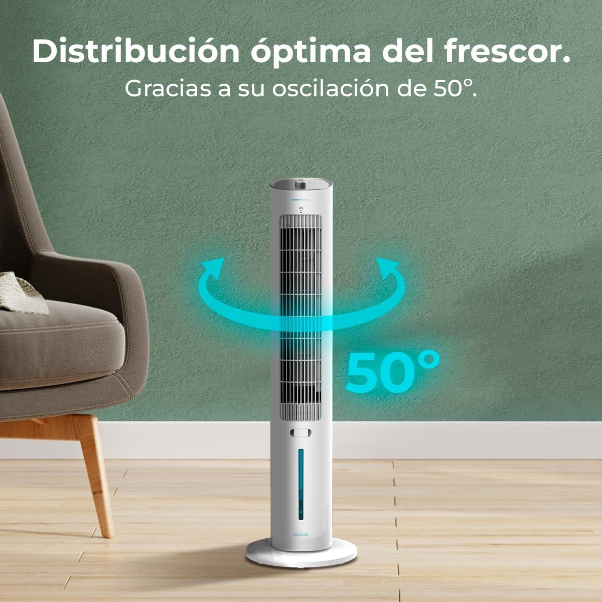 Cecotec Climatizador Evaporativo EnergySilence 2000 SkyCool. 60W, Depósito de 3L, Compatible con Aceites esenciales, 3 Velocidades, Oscilación de 50o,