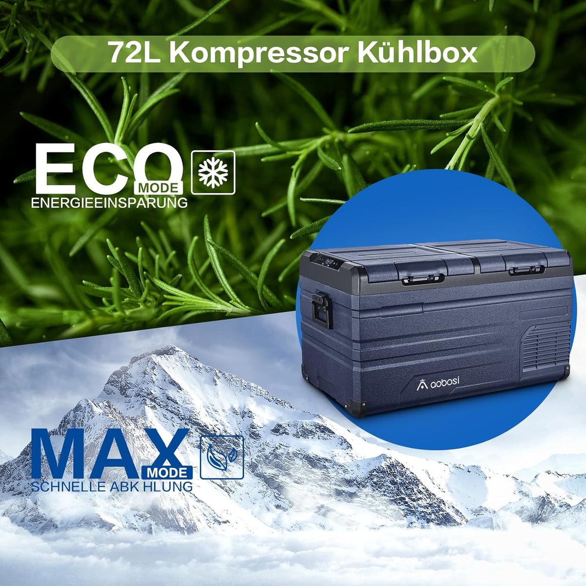 AAOBOSI 72L Kompressor Kühlbox, Dual Zone, Camping Kühlschrank mit APP, -20°C bis 20°C, USB-Handy-Ladung, LED-Beleuchtung, 12/24V und 100-240V,