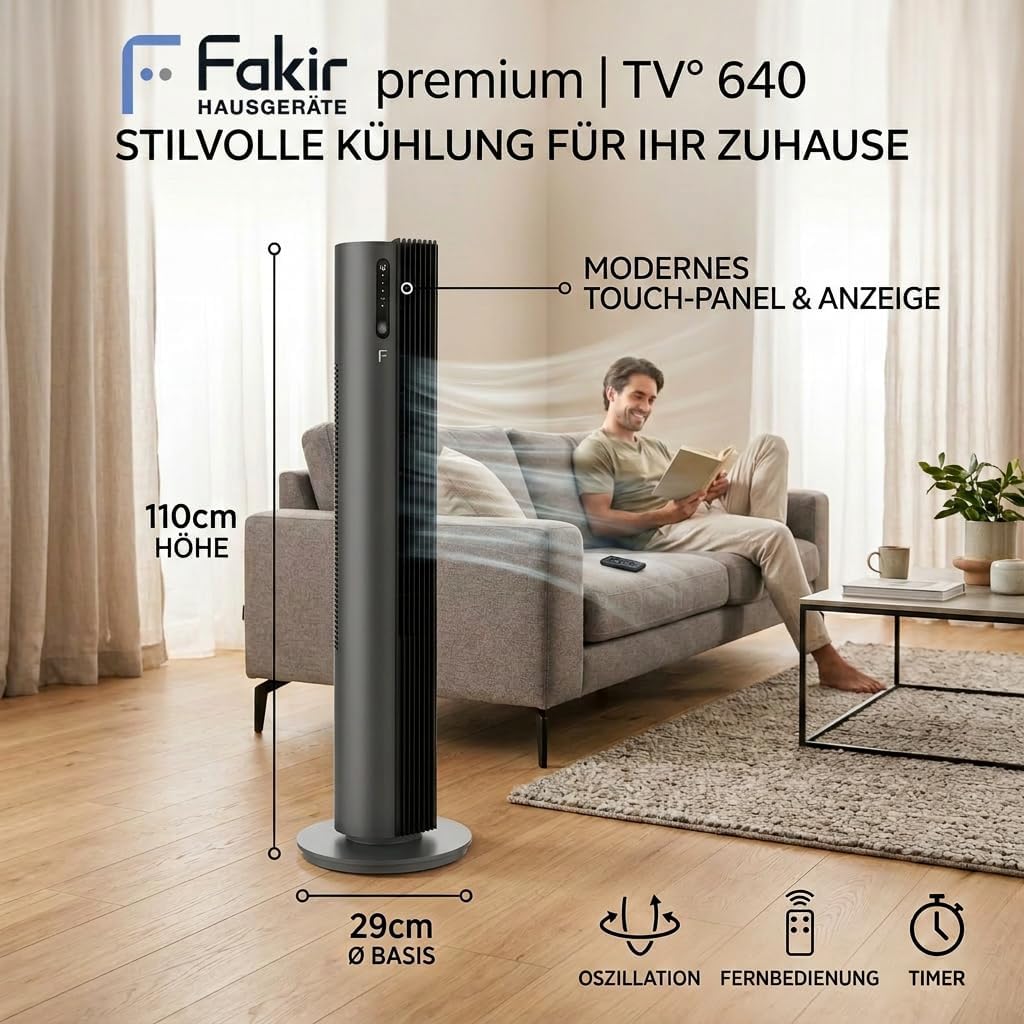 Fakir premium TV° 640 Turmventilator - Leiser Lüfter mit 32dB(A), DC-Motor, 12 Stufen, 12h Timer, LED-Display, Fernbedienung & 90° Oszillation,
