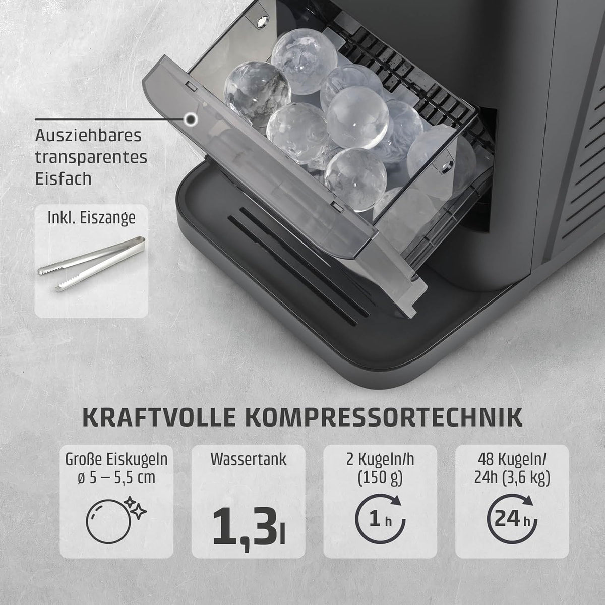 CASO IceBall Pro Eiskugelbereiter mit Kompressor - Kristallklare Eiskugeln 50-55 mm, 2 Kugeln/Stunde, 1,3 l Wassertank, Selbstreinigung, LED-Anzeige,