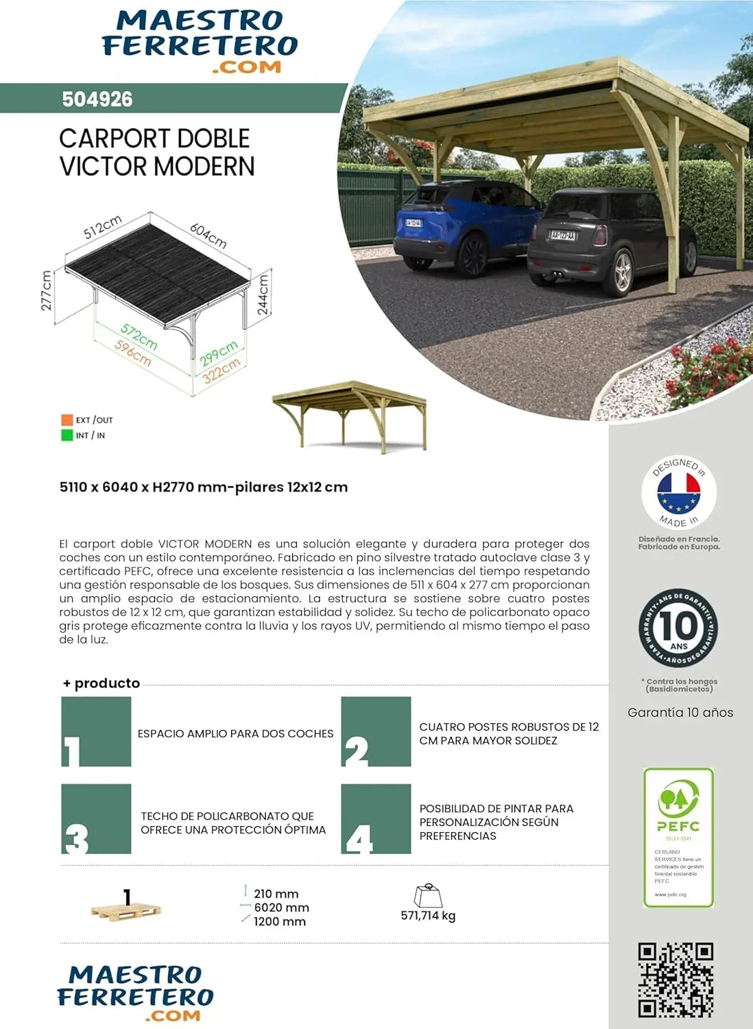 Forest Style - Cochera Doble Victor Modern 30,9 m² (6,02 x 5,11 x 2,52 m) – Madera de Pino Tratada – Techo de Policarbonato – Aparcamiento Cubierto