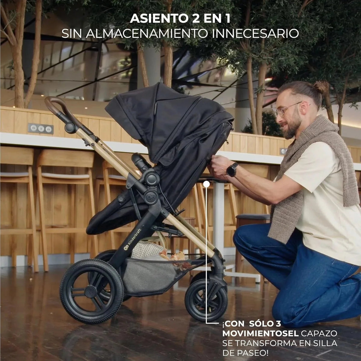 Kinderkraft MOOV XL 3 en 1, Carrito bebé hasta 27 kg, Carro, Con Asiento I-SIZE 40-75 cm, Plegable, Amortiguación, Convertible, Capazo XL, Con