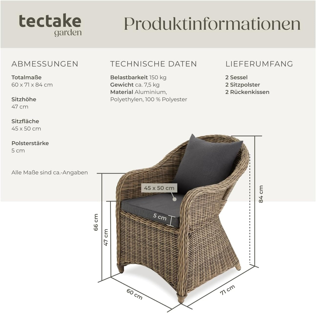 tectake Alu Polyrattan Gartenstuhl 2er Set, Gartenmöbel Set mit 2 Sessel, wetterfest, Rattan Gartensessel mit weichen Sitzpolster, abziehbarer und