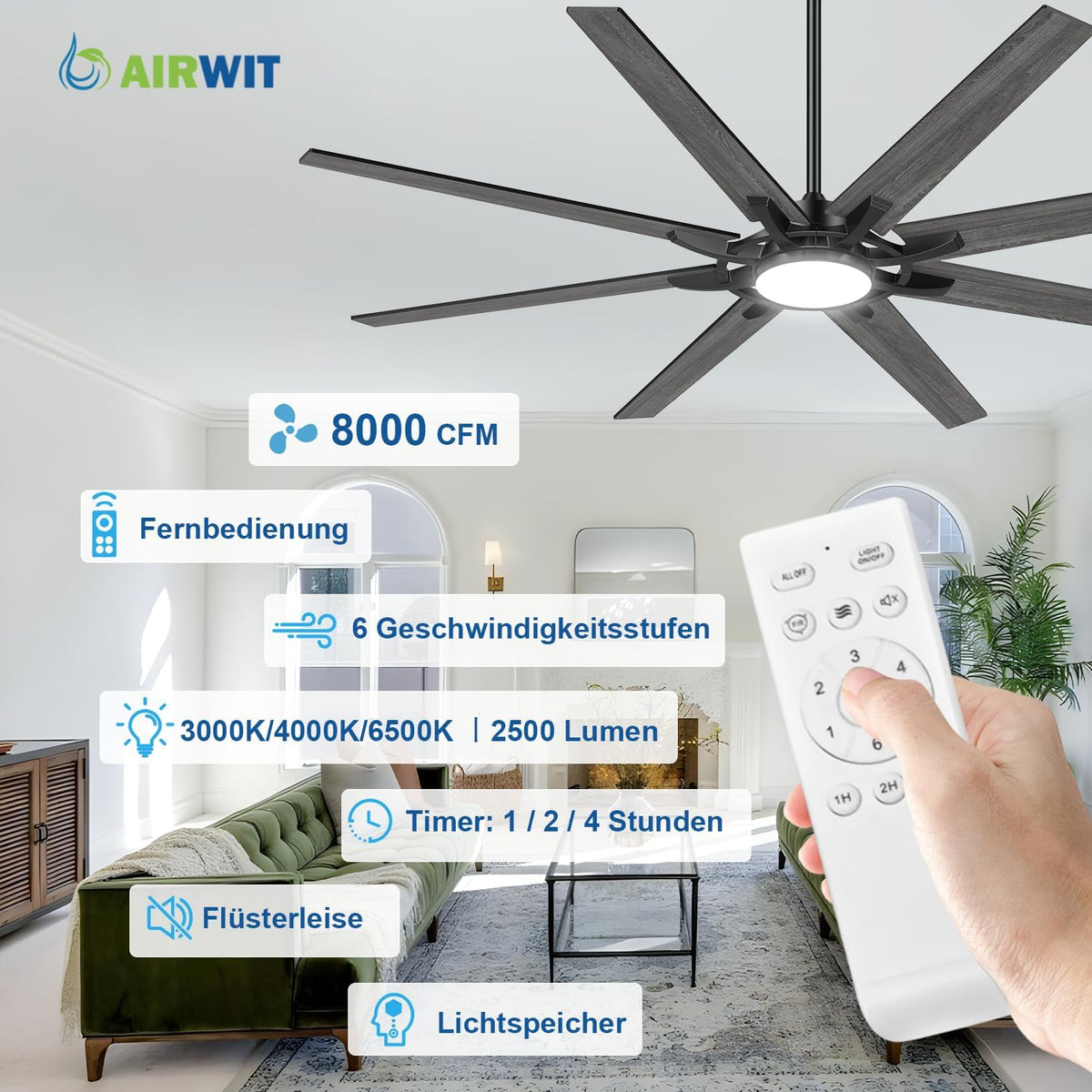 Airwit 183cm Deckenventilator mit Beleuchtung Extra Groß, Verbundholz Outdoor Leise Deckenventilator mit Licht und Fernbedienung, Lampe mit Ventilator