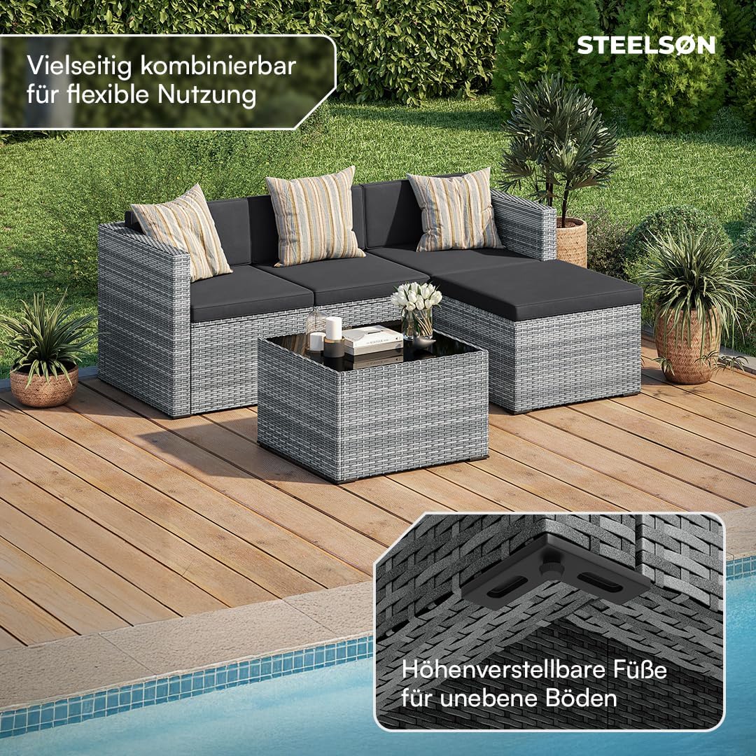 STEELSØN Zethora Rattan Gartenmöbel Set 3-TLG. – Outdoor Sitzgruppe für Garten/Terrasse/Balkon – Gartenlounge mit 3er-Sofa, Hocker & Tisch –