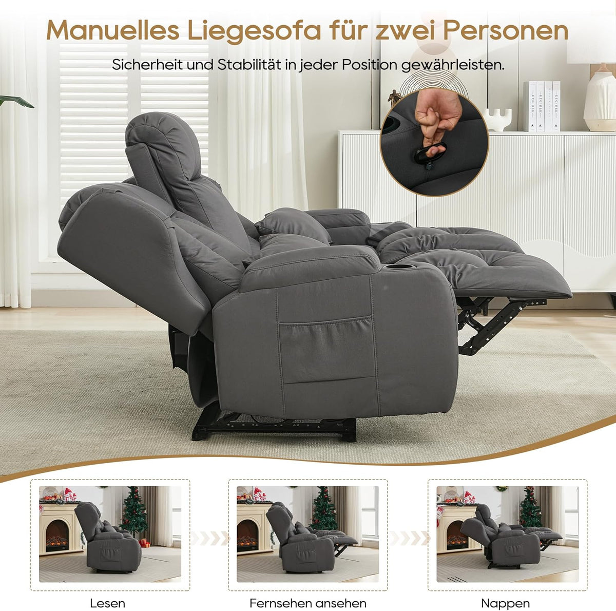 2er Relaxsessel mit Liegefunktion Fußteil, Zweisitzer Fernsehsessel 2 Sitzer TV Sessel mit Konsole, Manuell Verstellbar Doppel Kinosessel bis 360 kg (