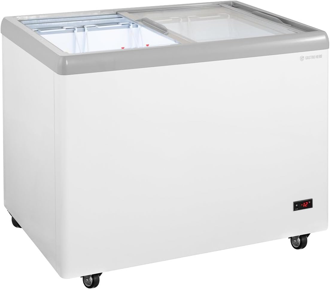GastroHero Eiscreme Gefriertruhe 284 Liter Tiefkühltruhe LED Beleuchtung Schiebeglasdeckel Rollen Gefrierschrank Gewerbe Eis Truhe Verkauf –18 °C
