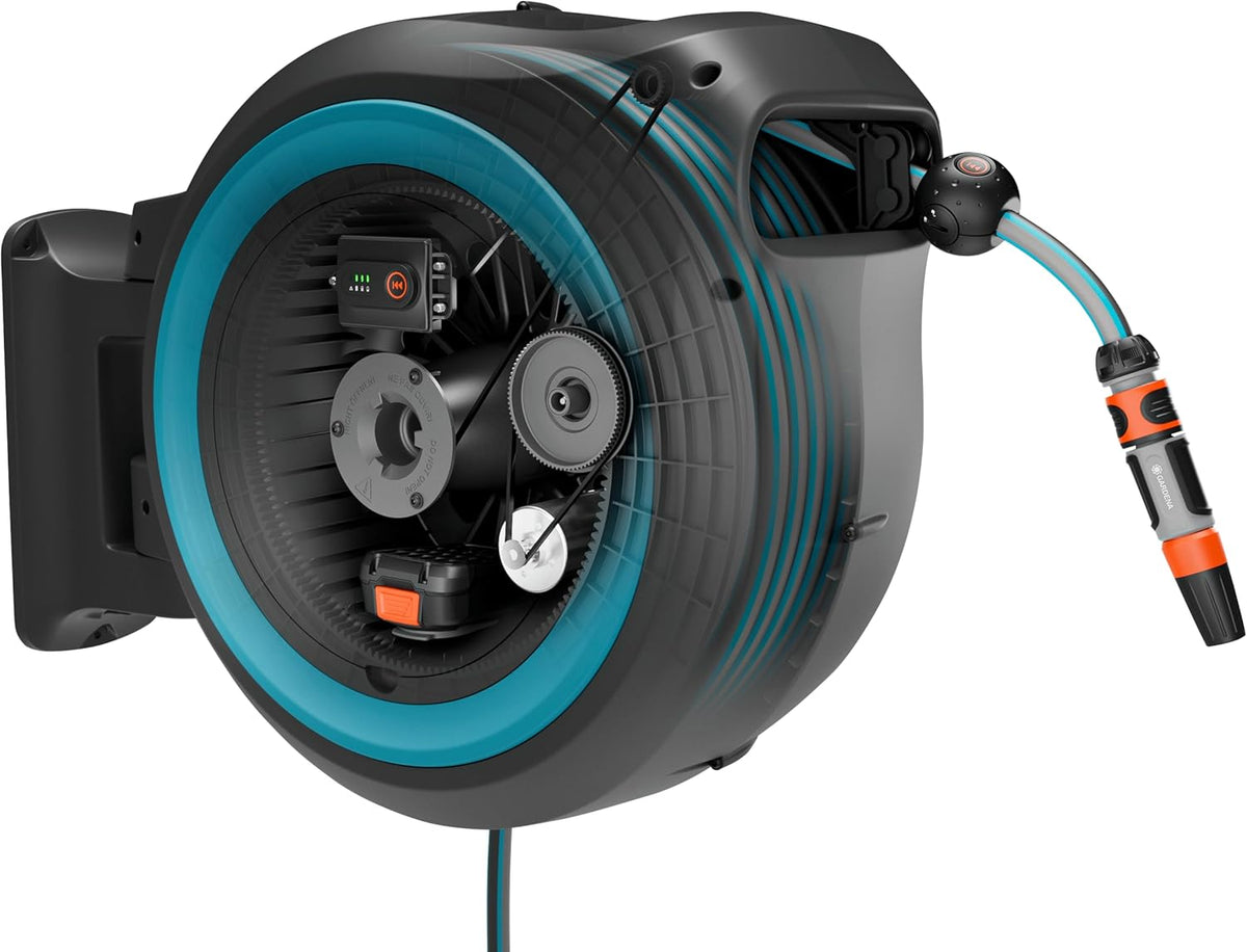 Gardena Akku-Wand-Schlauchbox PowerRoll XL solo: Automatischer Schlauchaufroller mit 35 m Gartenschlauch, Schlauchführung und RollControll,