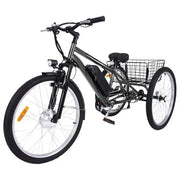 View 26 Inch Adult 3 Wheel Electric Tricycle with Basket, Fat Tires,7 Speeds,350W Powerful Motor, 36V 10Ah Removable Battery – Dark Gray image 1