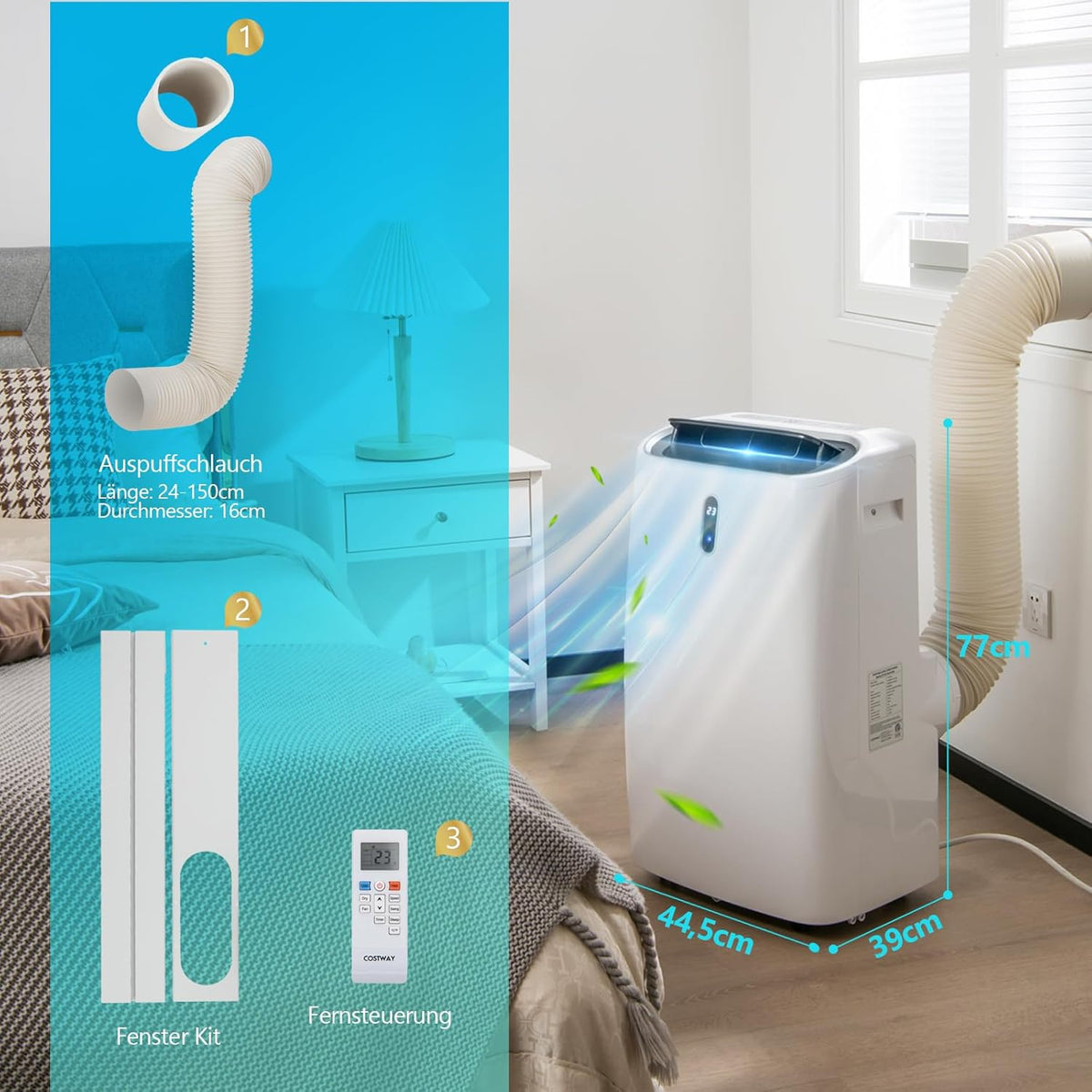 GOPLUS 16000 BTU Klimaanlage mit Abluftschlauch, 5 in 1 mobiles Klimagerät: Kühlen, Heizen, Entfeuchten, Belüften, Schlafmodus | für Raumgröße bis