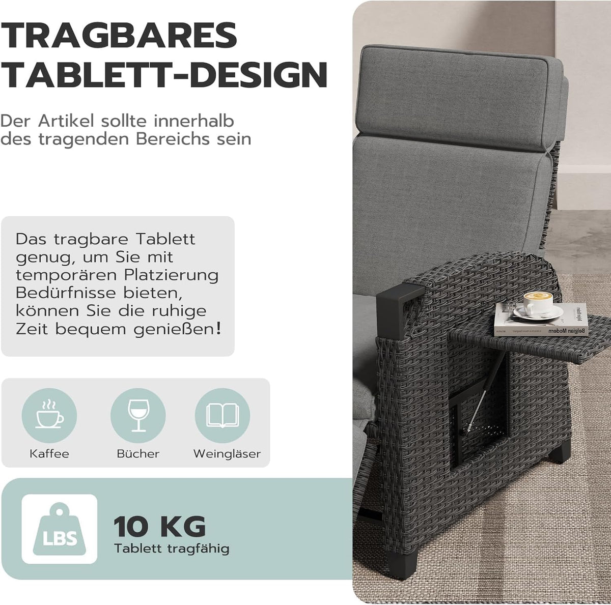 UDPATIO Sillón Ratán Jardin Exterior Reclinable, Tumbona de Jardín Ajustable 150°, con Respaldo Ajustable, Fundas + Extraíbles Cojines, Impermeable,