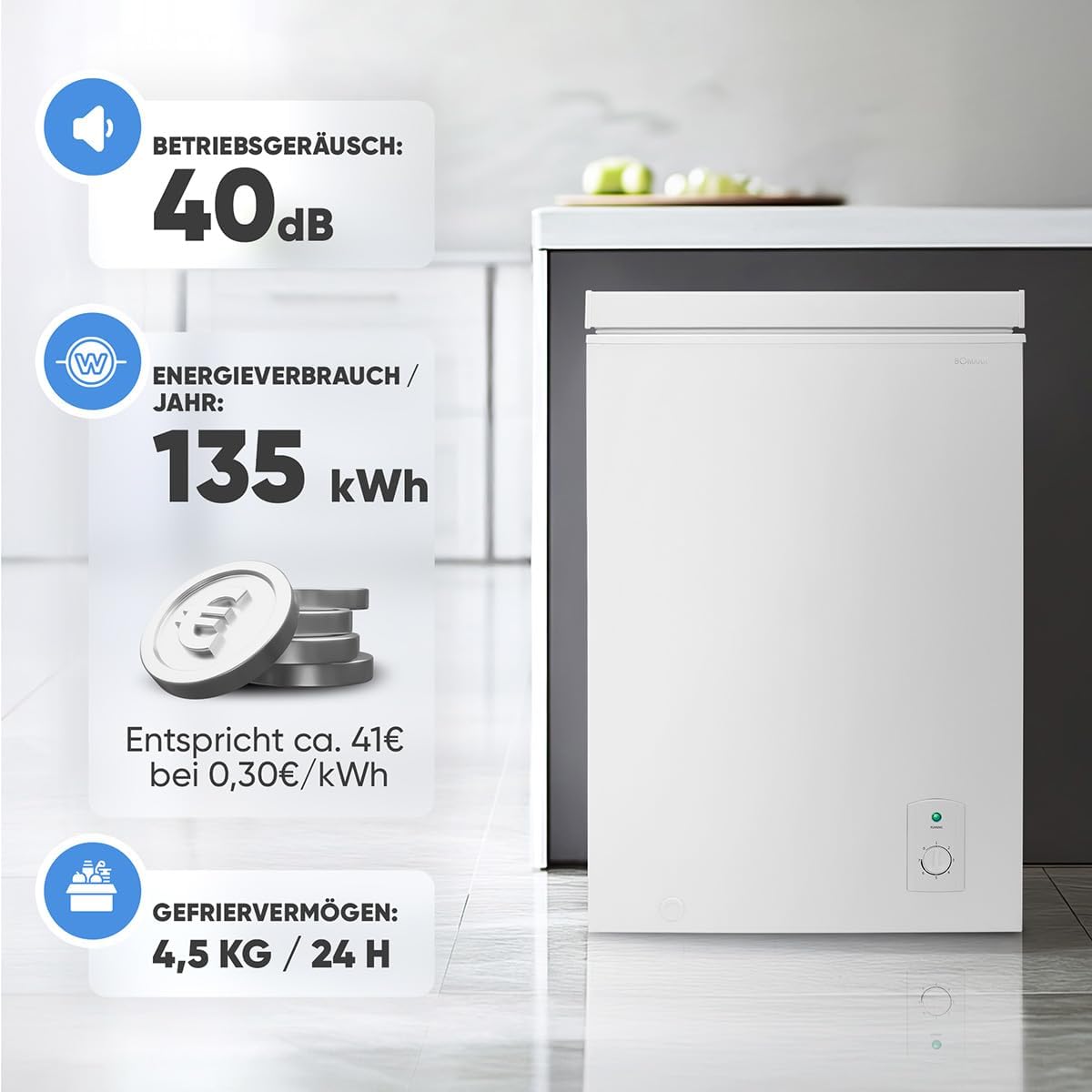 Bomann, 100L Gefriertruhe weiß GT7355 – 4 Sterne, Temperatur ≤ -18°C, Gefriervermögen 4,5 kg/24h, Kontrollleuchte, Temperatureinstellung, abnehmbar,