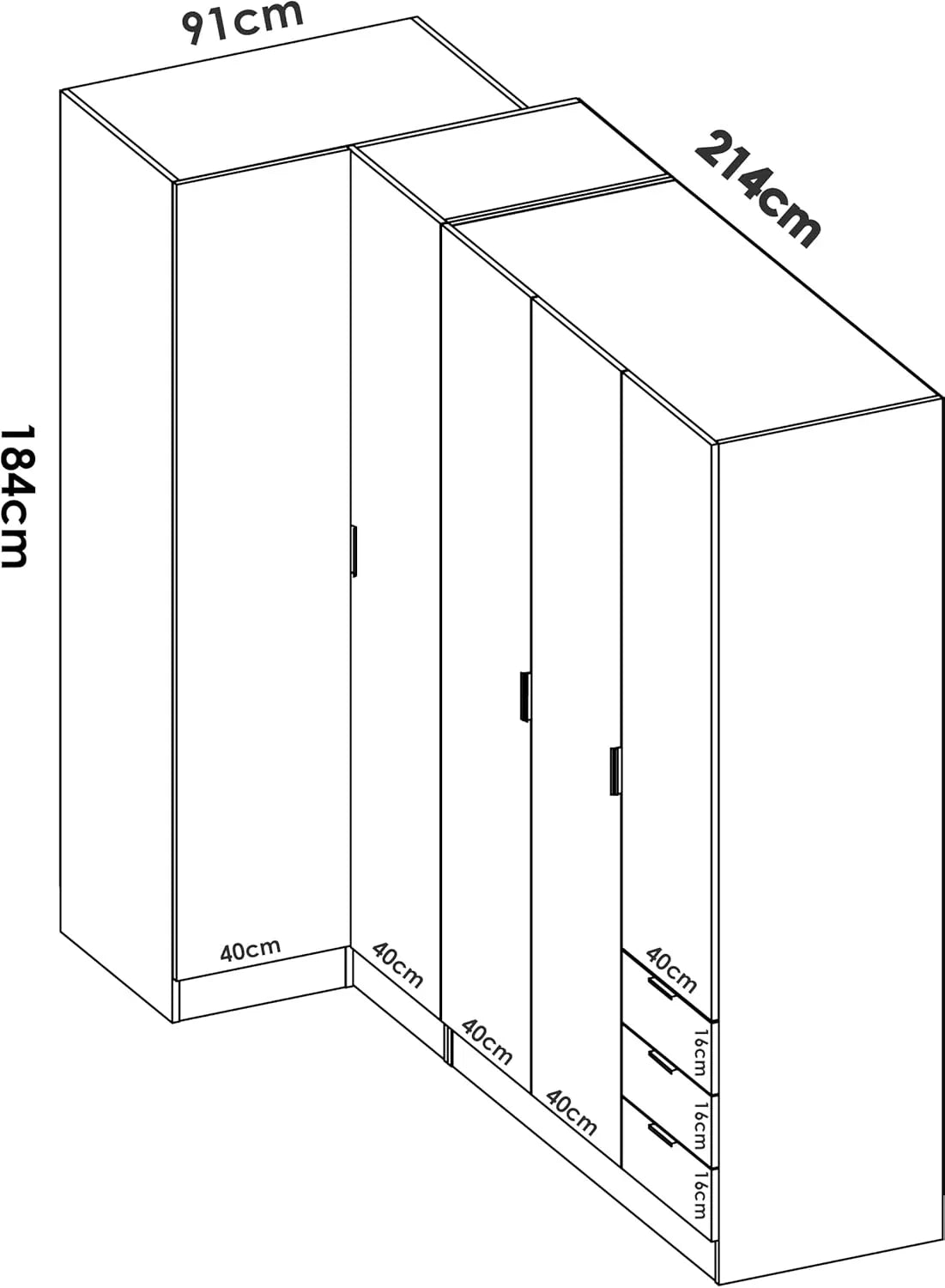 DEKIT GRUPO RIMOBEL Essen Armario de rincón con cajones - Roble Natural - 184 cm (Alto) x 91 cm (Ancho) x 214 cm (Prof.)