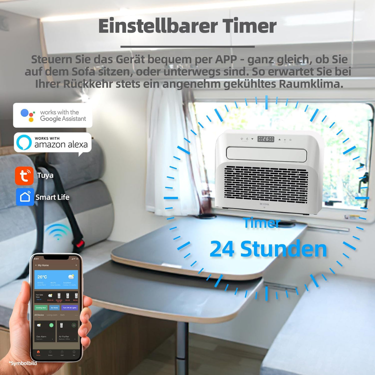 BE COOL BC5CSKL26 3in1 Mini Split Klimaanlage 5000 BTU mit WiFi, App-Steuerung, Kühlen, Lüften, Entfeuchten, 24h Timer, Schlafmodus, für Räume bis 12