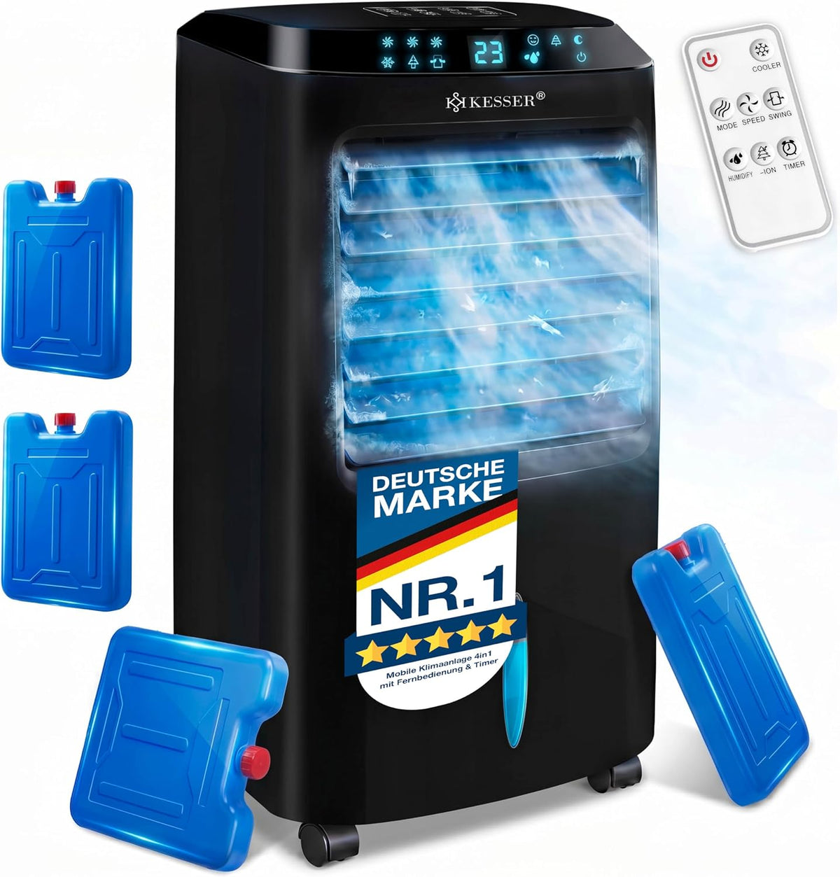KESSER Mobile Klimaanlage 4in1 Luftkühler – Air Cooler mit Fernbedienung & Timer, 10L Wassertank, Ionisator & Luftbefeuchter, Ventilator Klimagerät