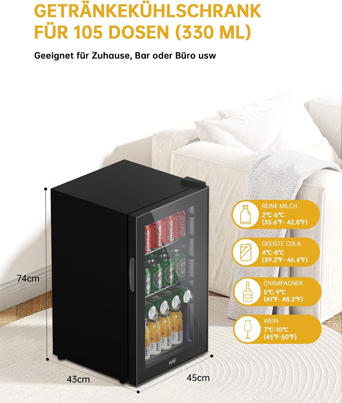 WIE Mini Kühlschrank Getränkekühlschrank 70 Liter mit Doppelte Glastür mit Verstellbaren Ablagen Indoor Outdoor Klein Bierkühlschrank Leise 105 Dosen