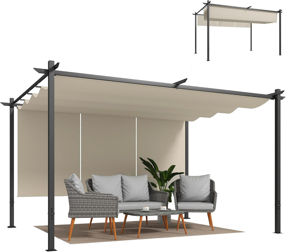 Outsunny Pérgola de Jardín 4x3 m con Techo Retráctil y 3 Laterales Enrollables, Cenador de Jardín Montado en Pared o Independiente, con UPF30+,