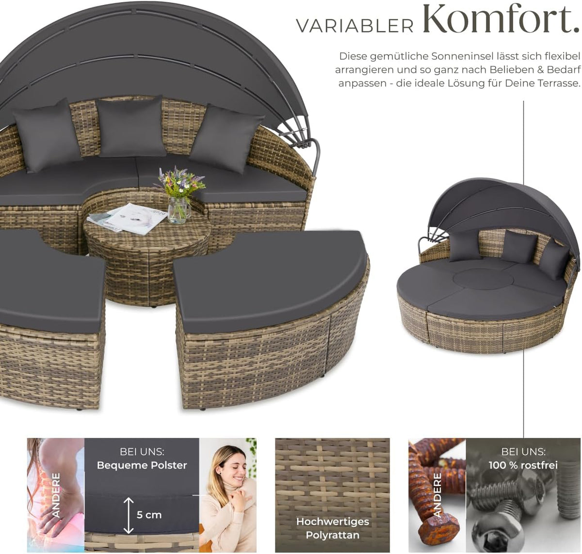 tectake Lounge Muschel Sonneninsel Outdoor wetterfest, Gartenmuschel, Sonnenliege 2 Personen und mehr, multifunktionales Terrasse oder Balkon Möbel,