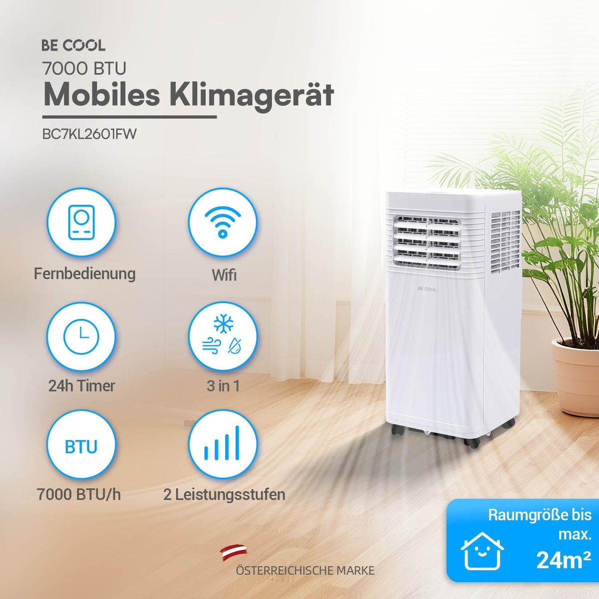 BE COOL Mobiles Klimagerät 7000 BTU mit WLAN, 3in1 Klimaanlage zum Kühlen, Entfeuchten & Lüften, für Räume bis 24 m², Fernbedienung, Timer,
