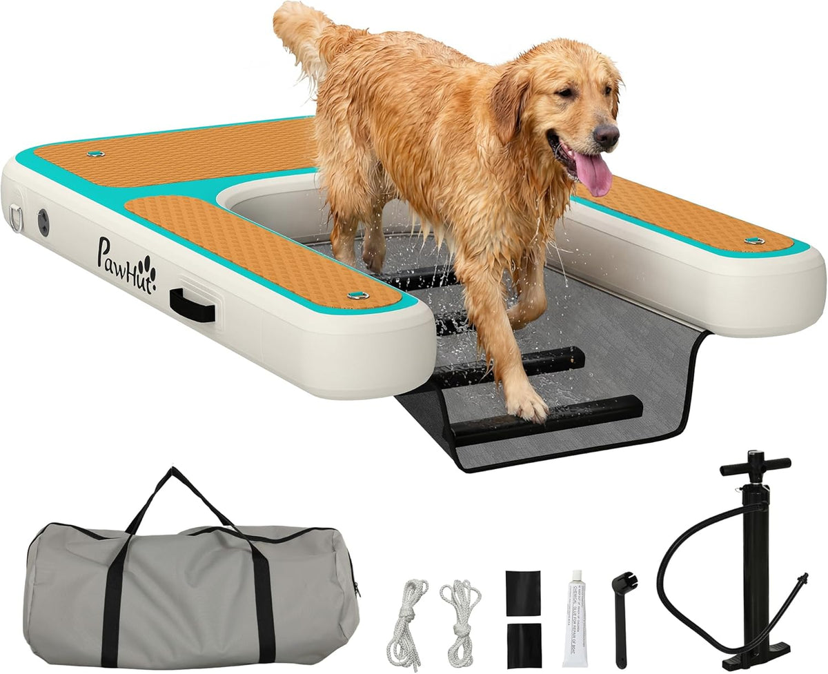 PawHut Aufblasbare Hunde Wasserrampe Hunderampe Pool 151x102 cm Tragbares Hundeboot mit Rutschfester Eva-Oberfläche Schwimmende Dock Leiter für große