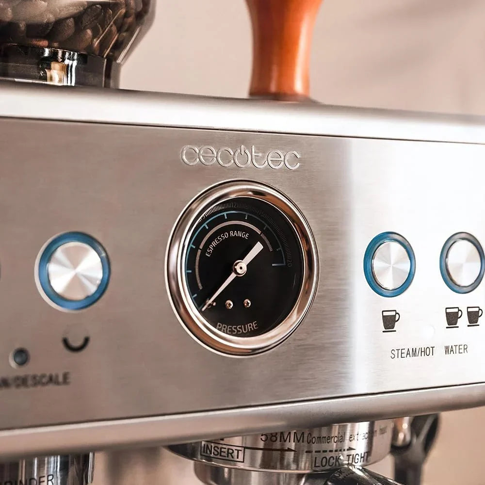 Cecotec Cafetera Express Barista Power Espresso 20 Barista. 2250W, 20 Bares, Manometro y 2 Thermoblocks, Depósito de Café en Grano, Molinillo con 20