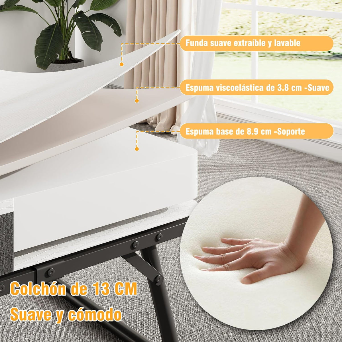 Cama Plegable de 120 cm con Colchón de 13cm (Viscoelástica), Somier Reforzado de Metal con 4 Ruedas y Funda Antipolvo, Cama Supletoria de Invitados