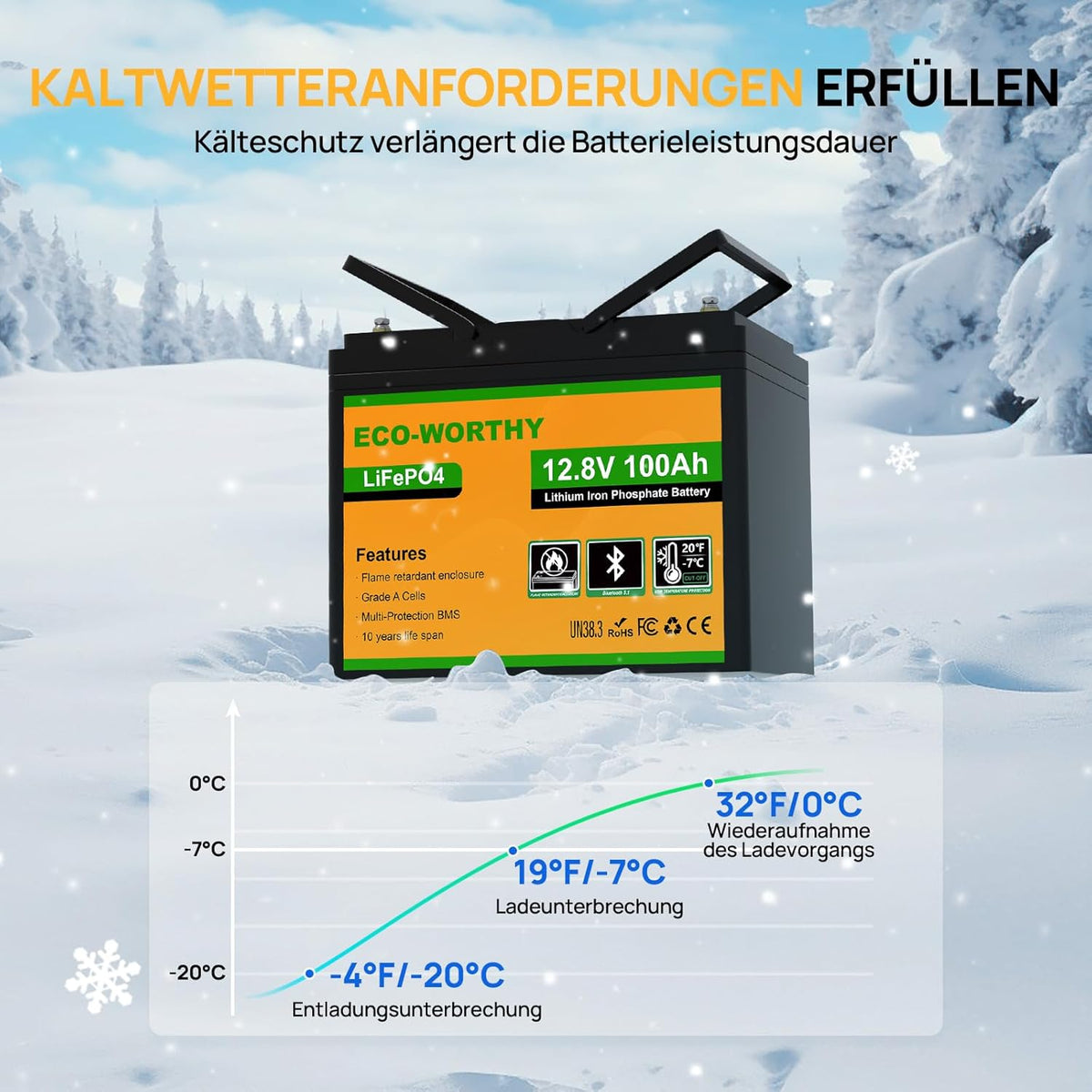 ECO-WORTHY LiFePO4 12V 100Ah Bluetooth mit 100A BMS Low Temperature Schutz und Max. 15000 Zyklens,1280Wh Lithium Batterie 12V 100Ah Autobatterie für