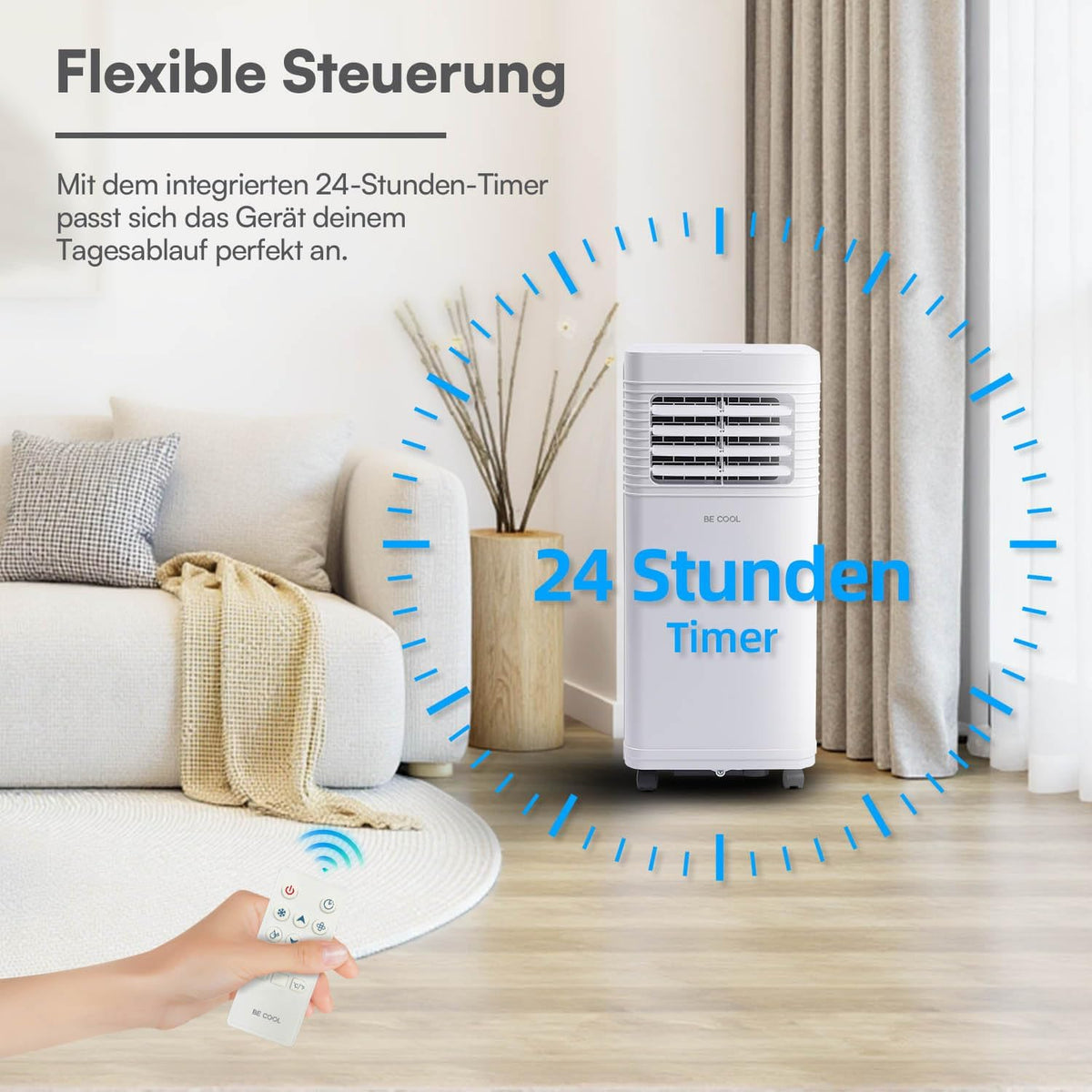 BE COOL Mobiles Klimagerät 7000 BTU mit WLAN, 3in1 Klimaanlage zum Kühlen, Entfeuchten & Lüften, für Räume bis 24 m², Fernbedienung, Timer,