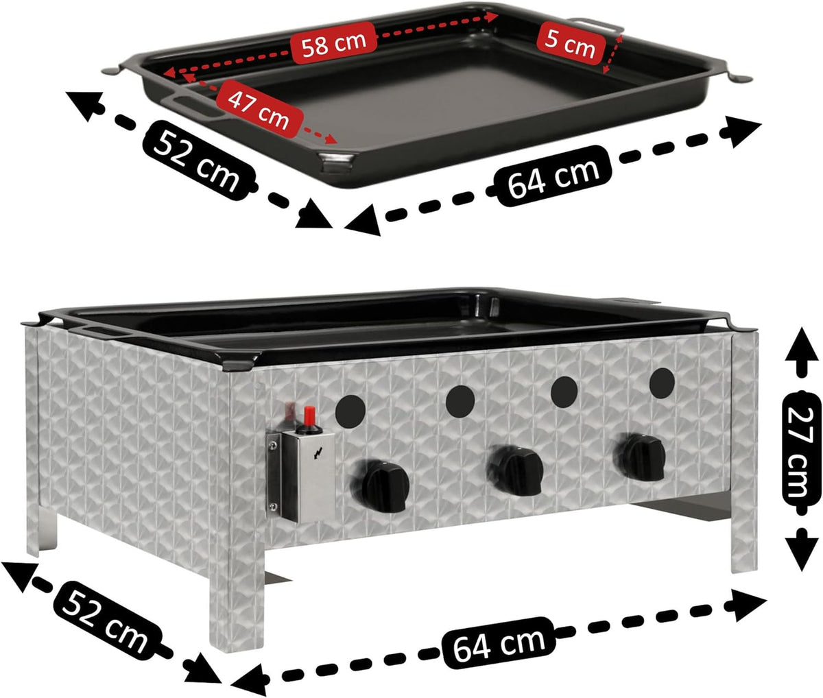 BBQ-Toro Edelstahl Gastrobräter | 3-flammig | 64 x 52 x 27 cm | Gastrogasgrill, Wurstbrater, Tisch Grill | Gastrogrill, Tischgasgrill, Gastischgrill,