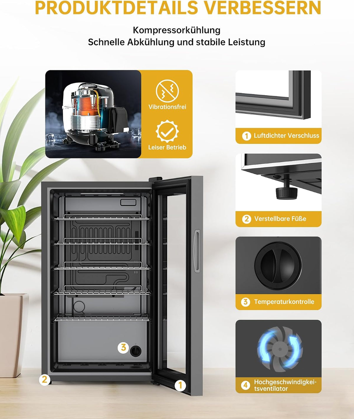 WIE Mini Kühlschrank Getränkekühlschrank 70 Liter mit Doppelte Glastür mit Verstellbaren Ablagen Indoor Outdoor Klein Bierkühlschrank Leise 105 Dosen