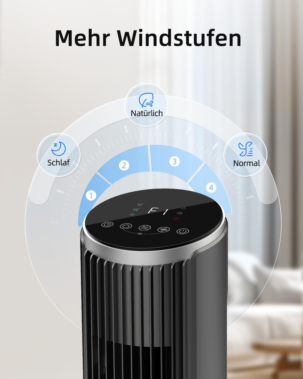 Ateroll Leiser Turmventilator für Schlafzimmer, Standventilator mit Fernbedienung, 90° oszillierend, 4 Geschwindigkeiten 3 Modi 12H Timer LED-Anzeige,