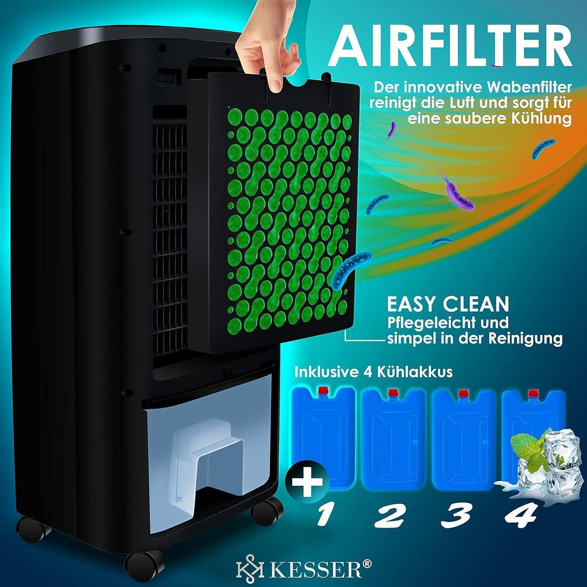 KESSER Mobile Klimaanlage 4in1 Luftkühler – Air Cooler mit Fernbedienung & Timer, 10L Wassertank, Ionisator & Luftbefeuchter, Ventilator Klimagerät