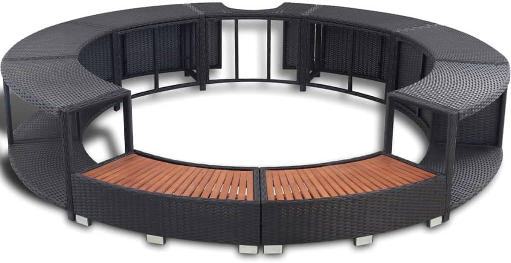 Hommdiy Umrandung mit Stauraum für Whirlpool Spa Schwimmbecken Poolumrandung Poly Rattan Schwarz Hartholz Rund Pulverbeschichteter Stahl Schwarz