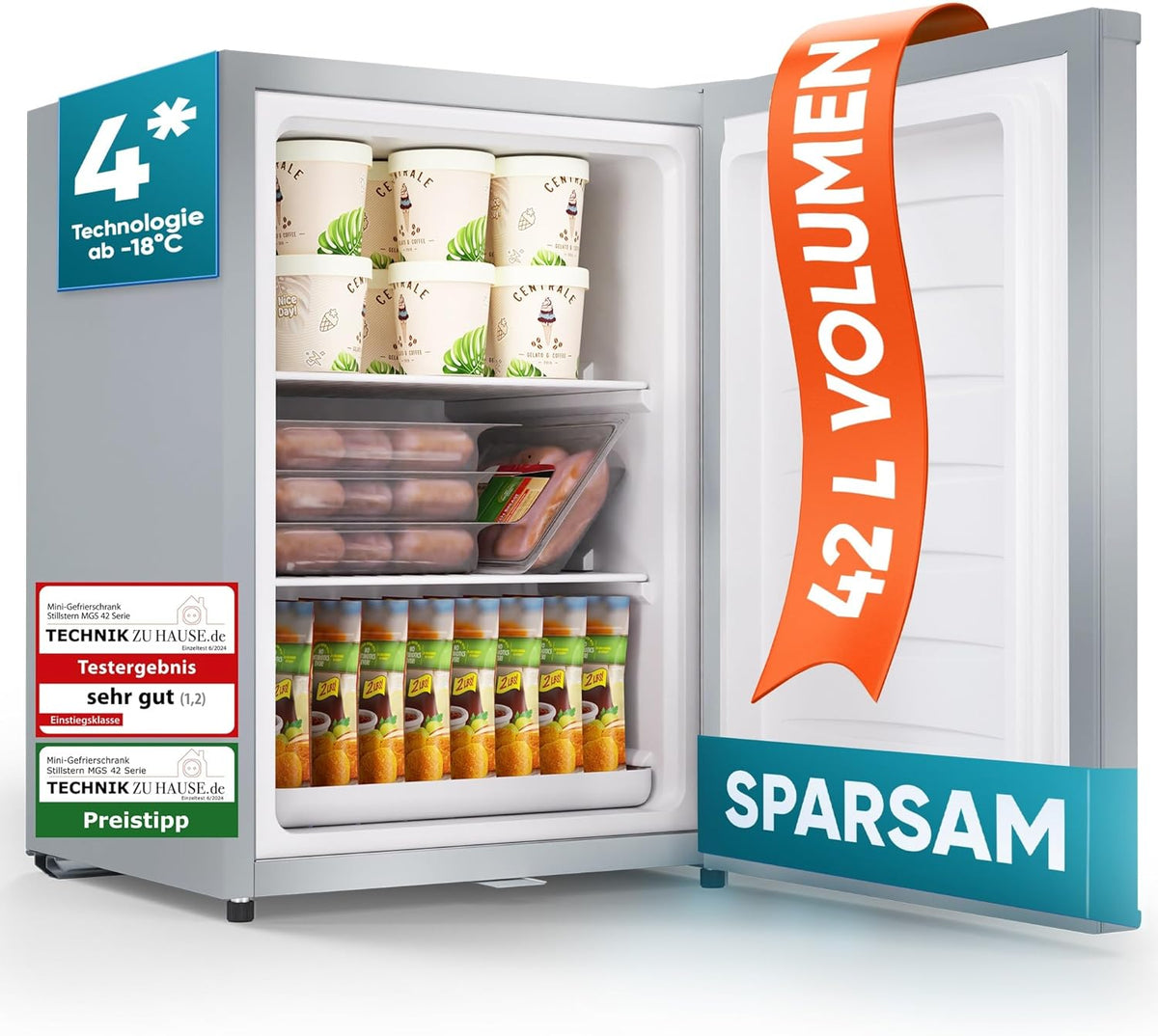 Stillstern Mini Gefrierschrank (42L) -18°C, Eiswürfelschale, Schloss, Türanschlag wechselbar, 4-Sterne Tiefkühlschrank für Camping/Büro Gefriertruhe