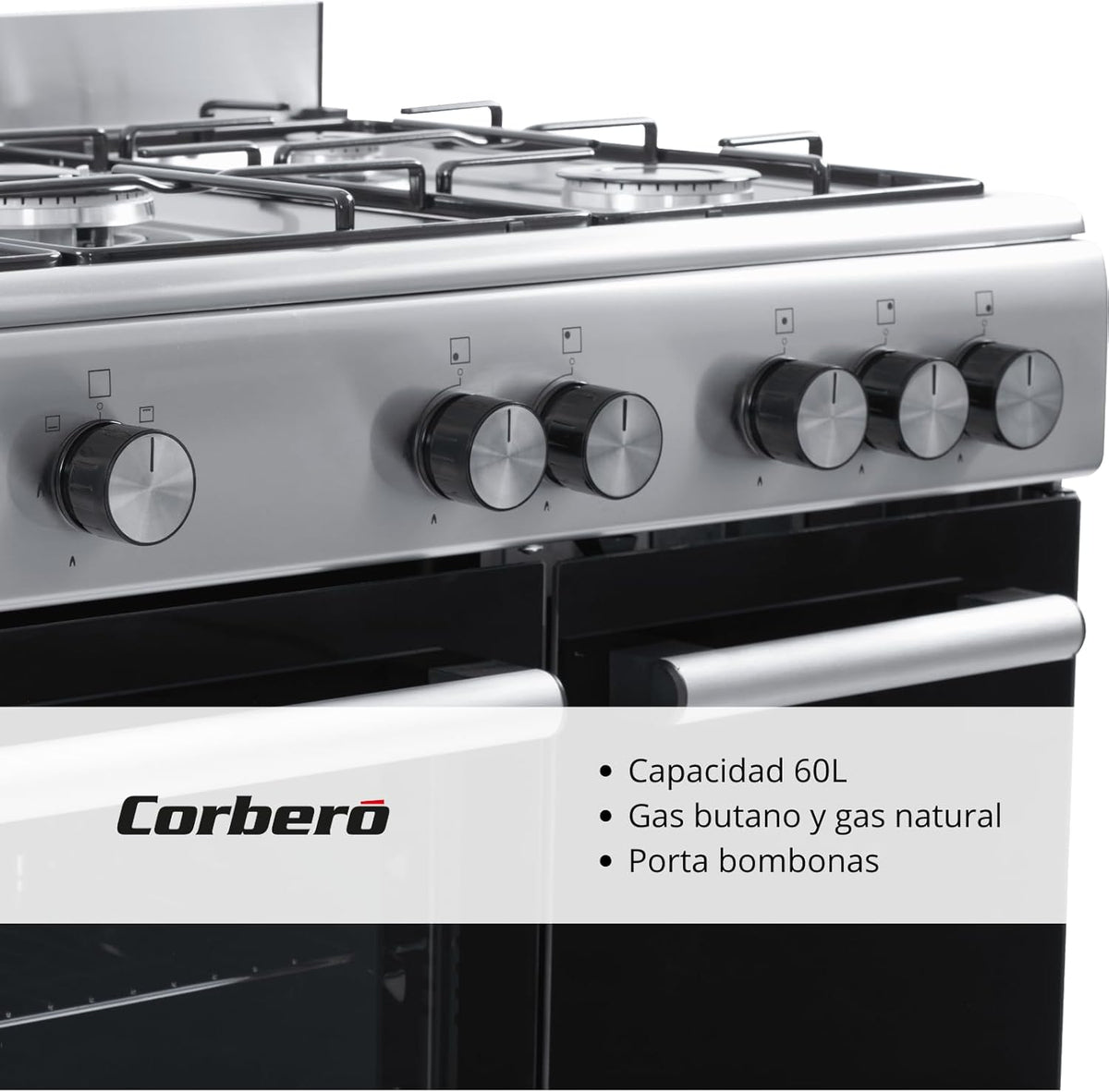 Corbero - Cocina de gas butano 5 fuegos | CC510GB90X | 80x90x60 | Horno de 60L con puerta doble | Wok en medio| Encendido Manual | Cajón