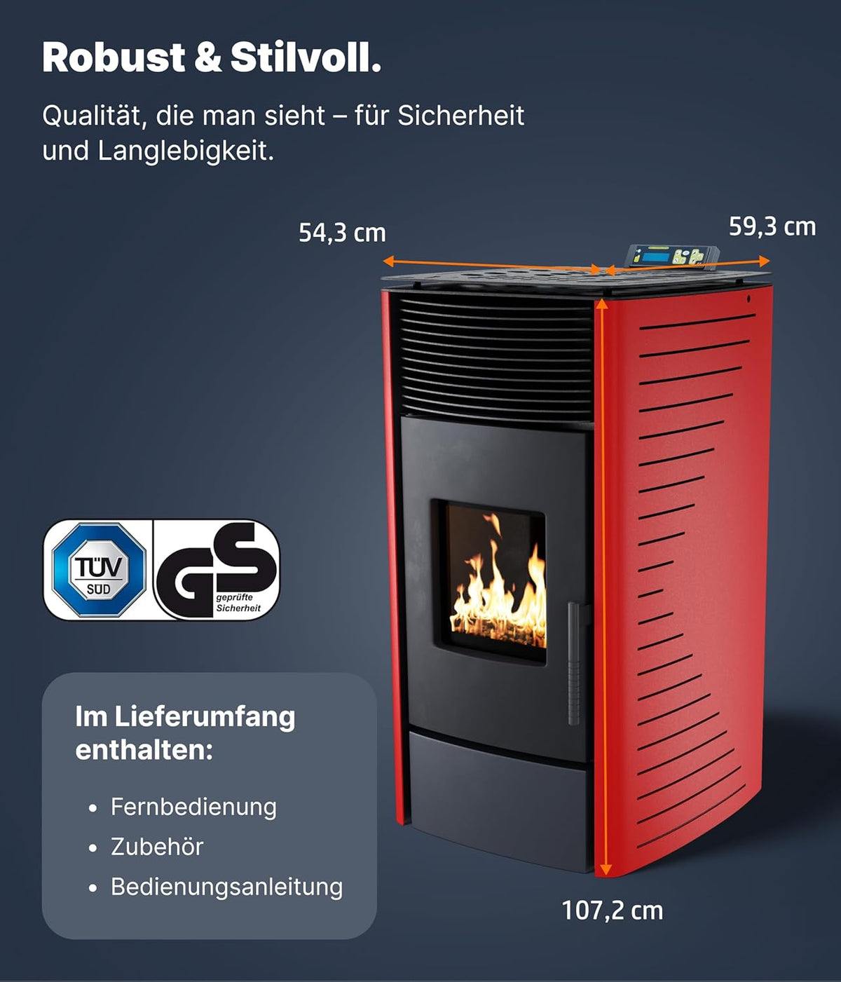 NEMAXX P12 Pelletofen 13,6 kW A+ bis 300 m³ – Auto-Reinigungszyklus, ECO-Modus, Wochenprogramm & mechanische Reinigungsunterstützung – Rot