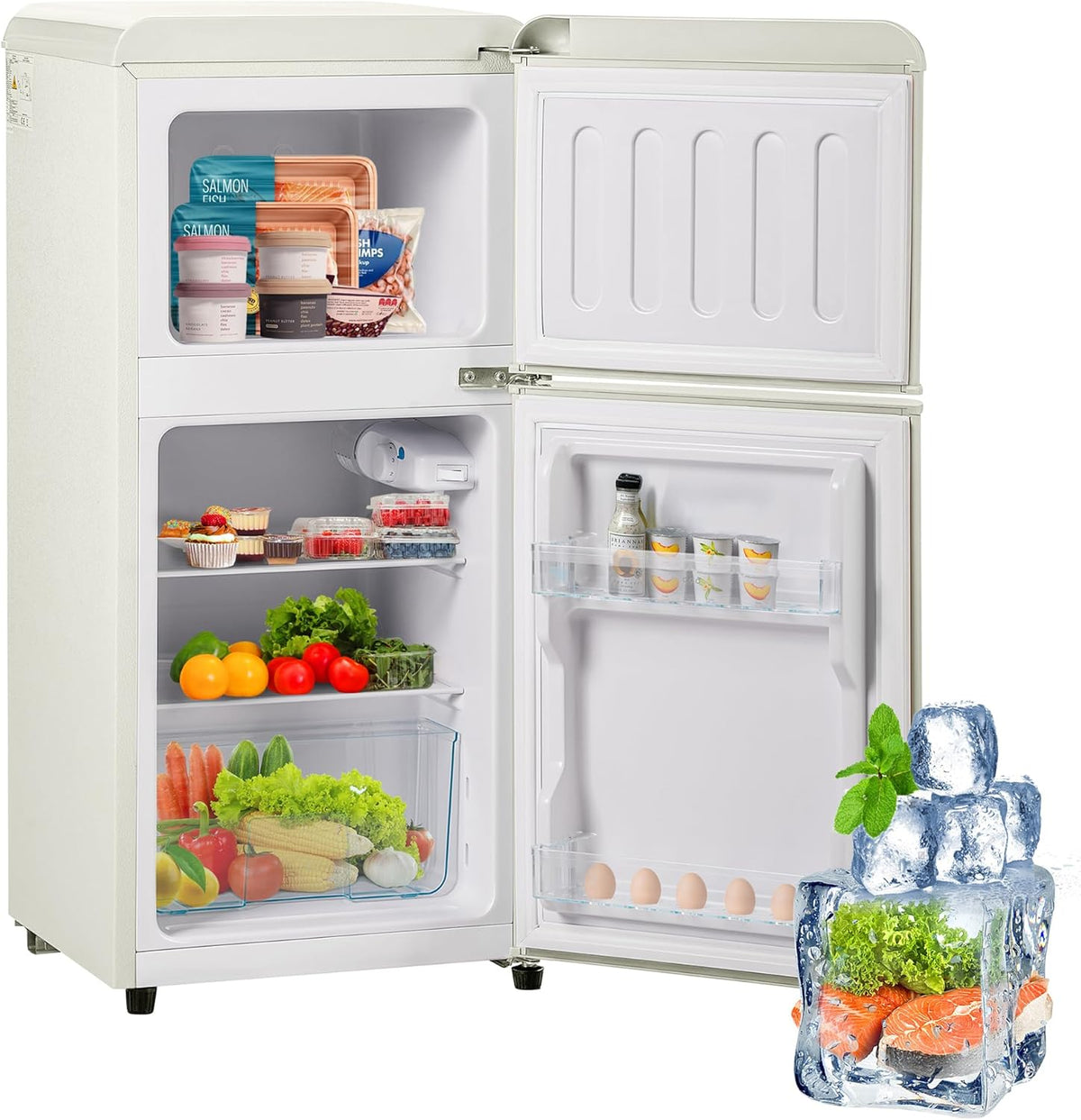 Merax Kühlschrank mit Gefrierfach, Kühl-Gefrierkombination, klein Kühlschrank mit 51L und Gefrierschrank 21L, Leise, LED, Glasablagen, Gemüsefach,