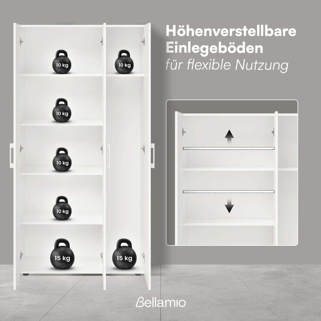 Bellamio Apol Mehrzweckschrank Weiß – Besenschrank 90 cm breit mit Stauraum – Putzschrank mit Staubsaugerfach – Vorratsschrank Küche - Aktenschrank
