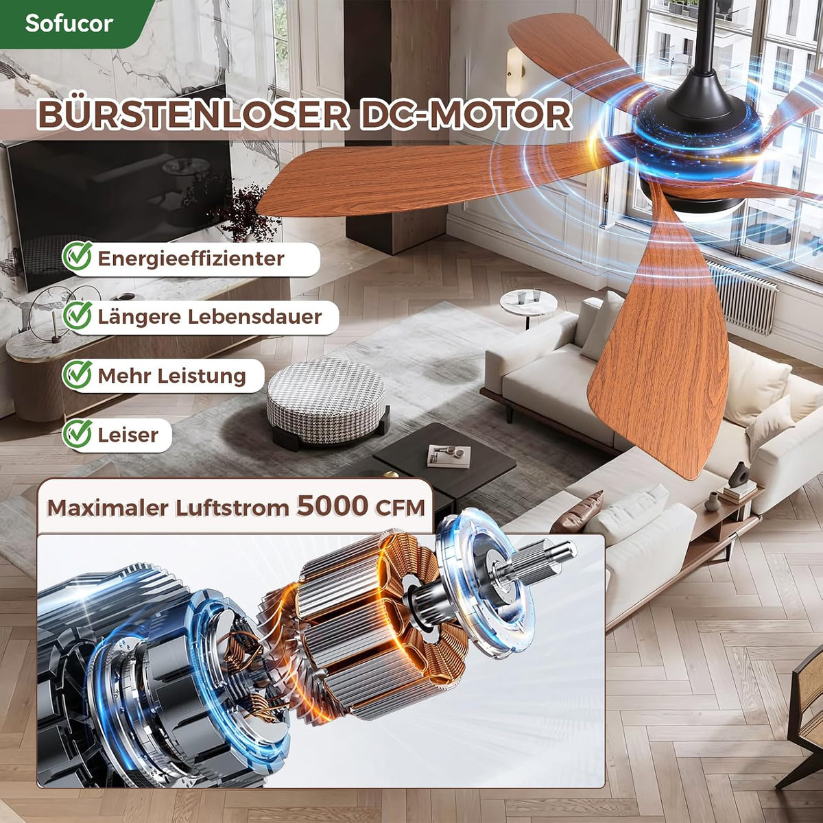 Sofucor Smart Deckenventilator mit Beleuchtung,132cm Deckenventilator mit Licht, Kompatibel mit Alexa/APP, Fernbedienung, 3 Farbtemperatur, Timer, 6