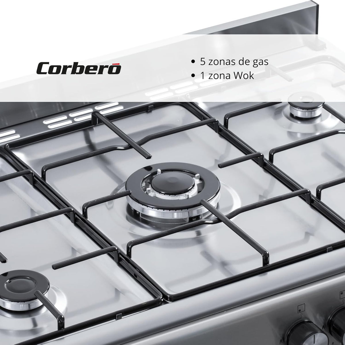 Corbero - Cocina de gas butano 5 fuegos | CC510GB90X | 80x90x60 | Horno de 60L con puerta doble | Wok en medio| Encendido Manual | Cajón