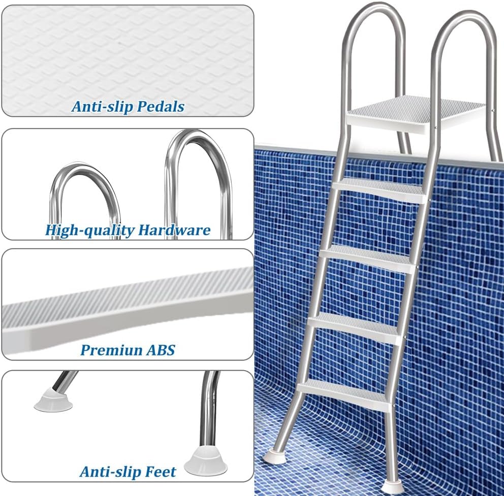 4 Stufige Poolleiter Edelstahl, Pooltreppe für Aufstellpool, Poolleiter 132 cm Poolhöhe, Pool Treppe, Poolstufen für Aufstellpools, Schwimmbadleiter