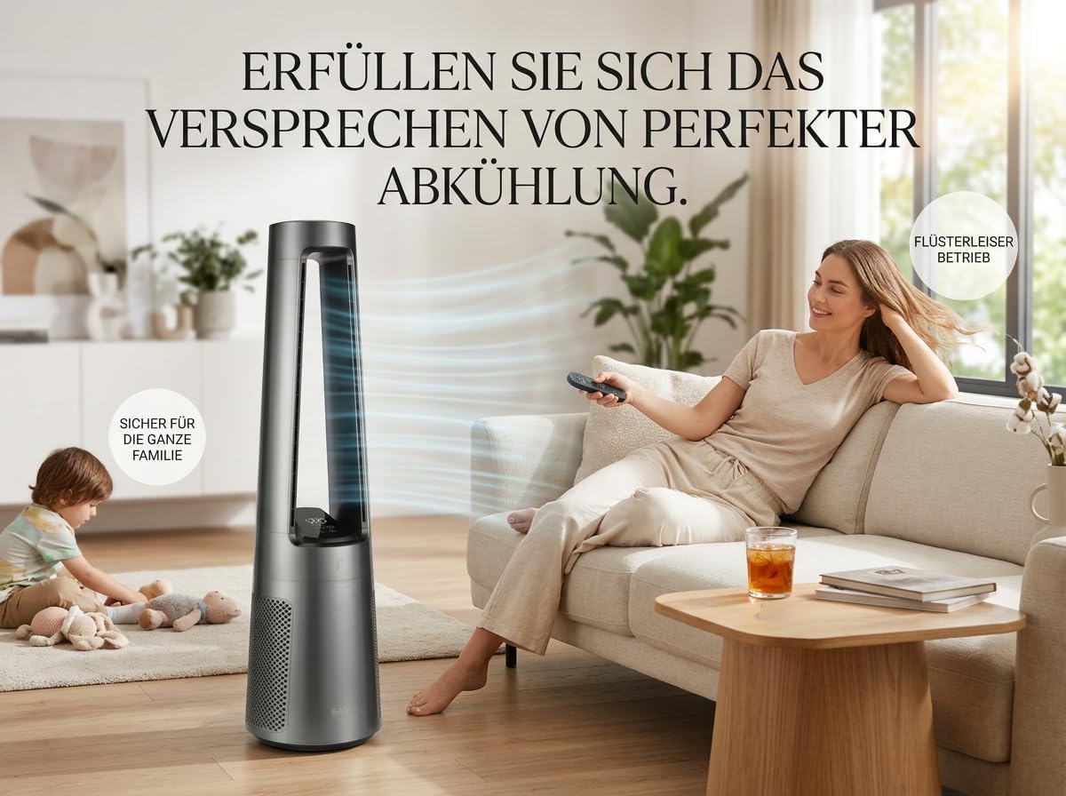 Fakir TVL 100 Flügelloser Turmventilator - DC-Motor, 12 Lüfterstufen, 30 dB(A), 60° Oszillation, 12h Timer, LED Touch Display, Fernbedienung,