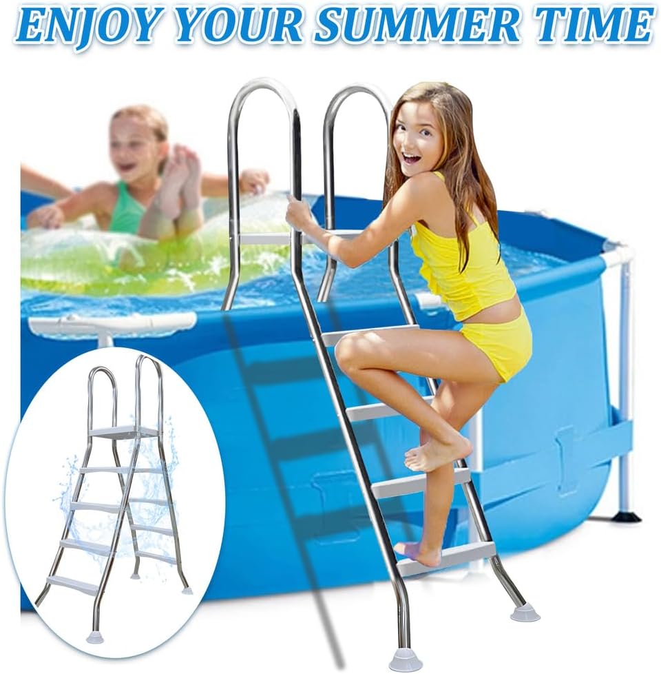 4 Stufige Poolleiter Edelstahl, Pooltreppe für Aufstellpool, Poolleiter 132 cm Poolhöhe, Pool Treppe, Poolstufen für Aufstellpools, Schwimmbadleiter