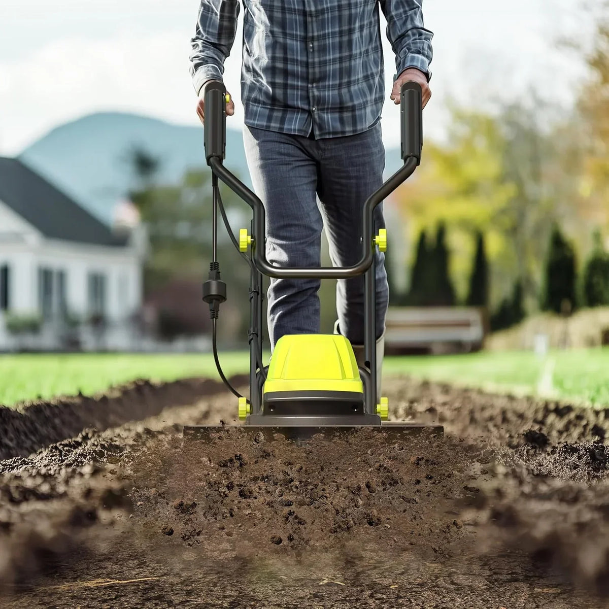 Electric Tiller, 15-Amp 18-Inch Width 9-Inch Depth Corded Tiller Cultivator 24 Durable Steel Tines Gardening Tiller with Adjustable Wheels Foldable