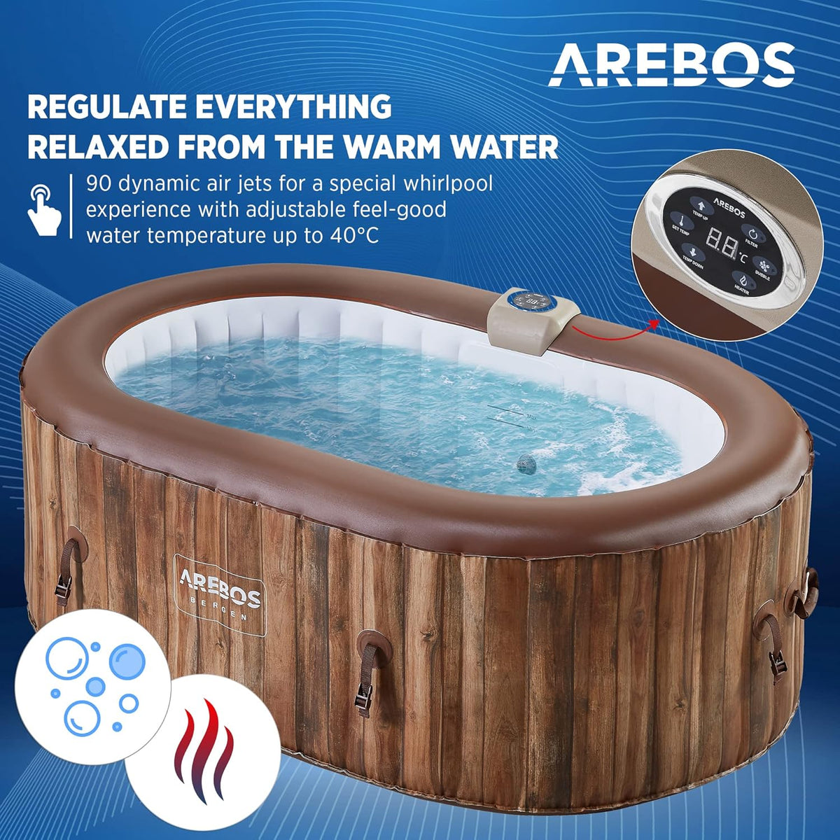 Arebos Whirlpool | Aufblasbar | In- & Outdoor | 190x120 cm oval | 2 Personen | 90 Massagedüsen | mit Heizung | 550 Liter | Inkl. Abdeckung | Bubble